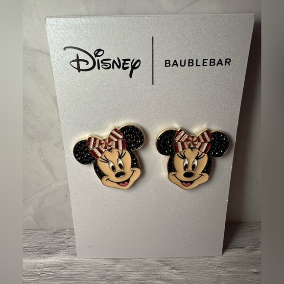 BaubleBar Minnie Mouse Earrings Red White Striped bow NWT - Picture 2 of 7